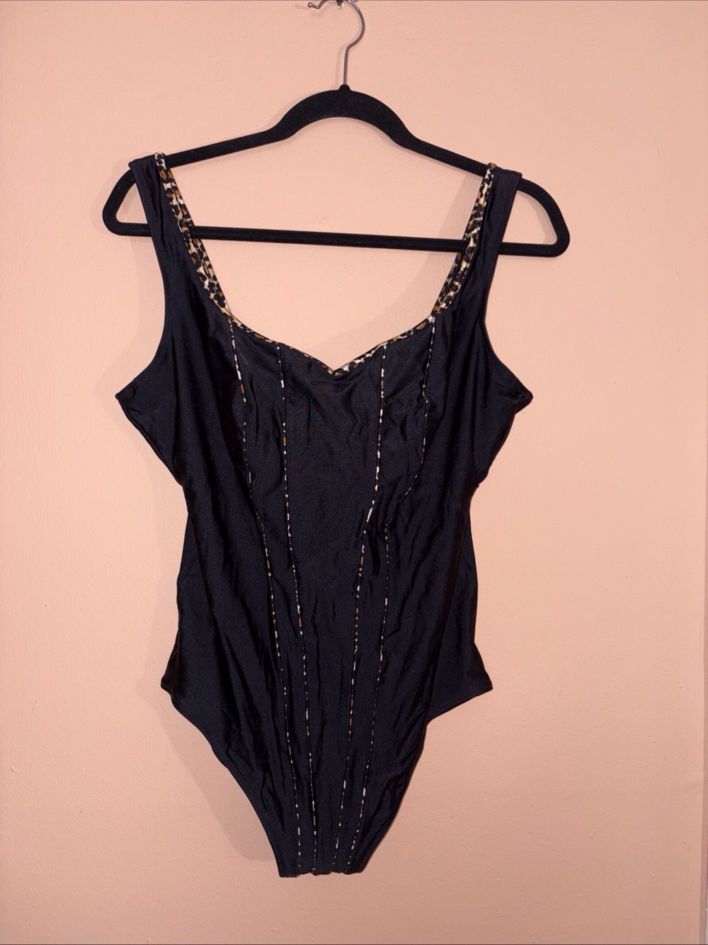 Anita Ladies Black Onepiece Swimsuit with Leopard-Print Trim Size 16/Cup D
